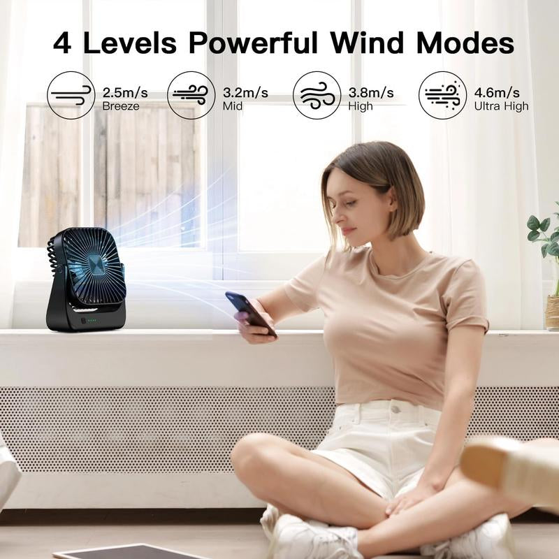 Portable Rechargeable Desk Fan 5 Speed, 360° Pivot, USB C Cooling
